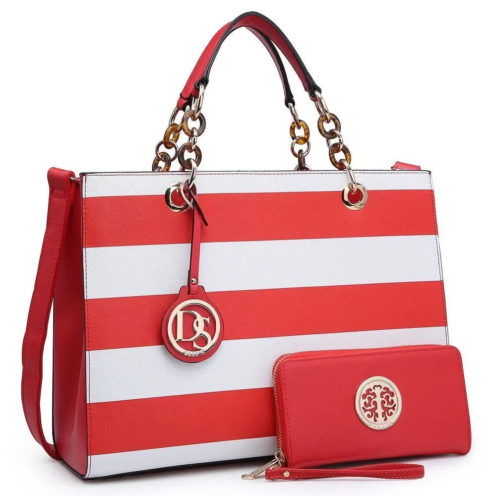 Dasein Saffiano Leather Chain Strap Satchel with Matching Wallet